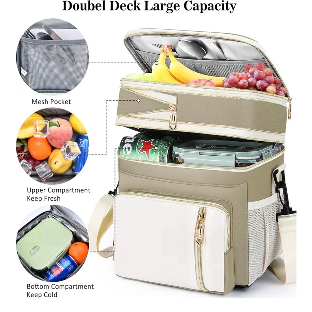 Insulated Double-Deck Lunch Cooler Bag in Beige and White